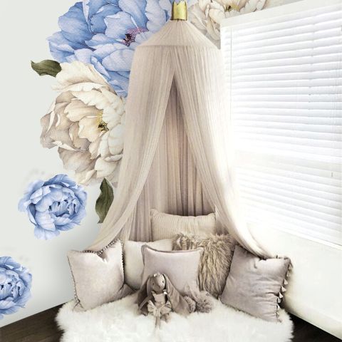 Blue White Peony Floral Bouqets with Green Leaves Wall Decal Sticker