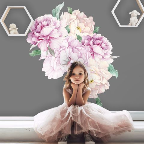 Watercolor Pink White Floral Bouqets with Green Leaf Wall Decal Sticker