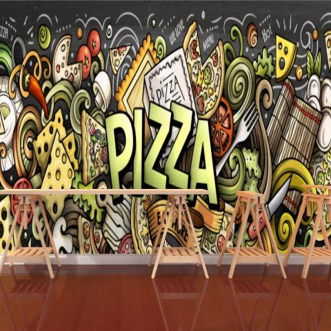 Cartoon Doodle Pizza Wallpaper Mural