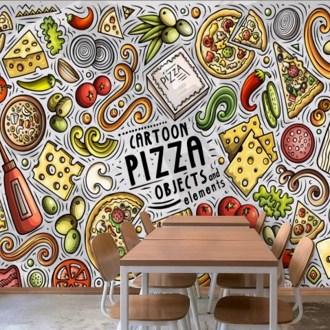 Cartoon Colorful Fast Foods and Pizza Wallpaper Mural