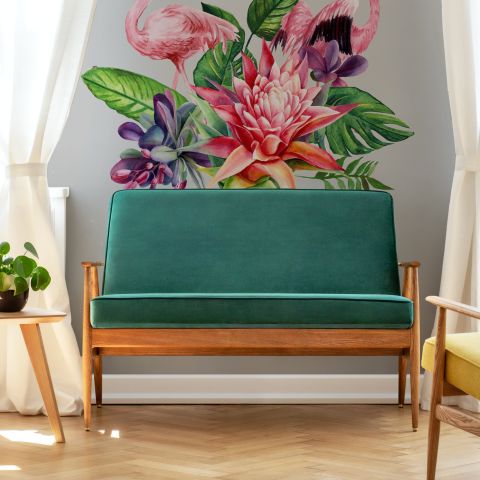 Tropical Protea Floral with Flamingo Wall Decal Sticker
