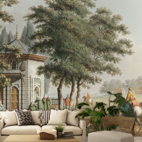 Vintage Rural Landscape with Village Folk Wallpaper Mural