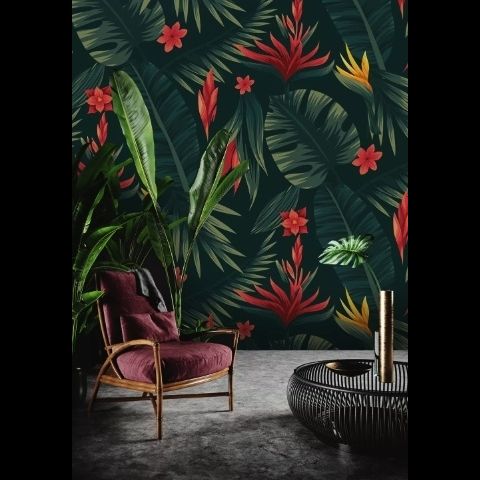 Red Floral and Palm Leaf Pattern Wallpaper Mural
