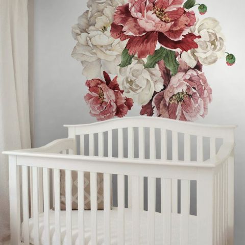 Vintage Red White Peony and Rose Floral Bouqets Wall Decal Sticker