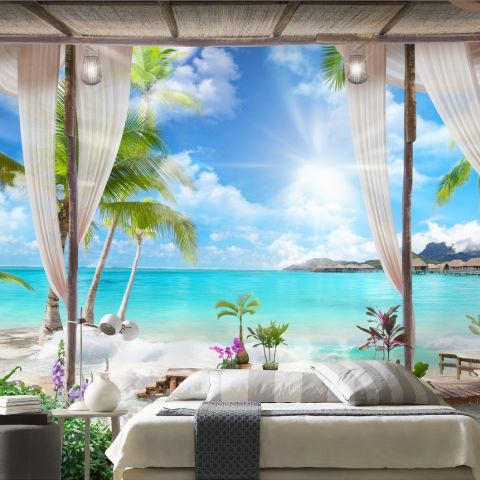 3D Look  Blue Sea Landscape with Old Arches and Palm Trees Wallpaper Mural