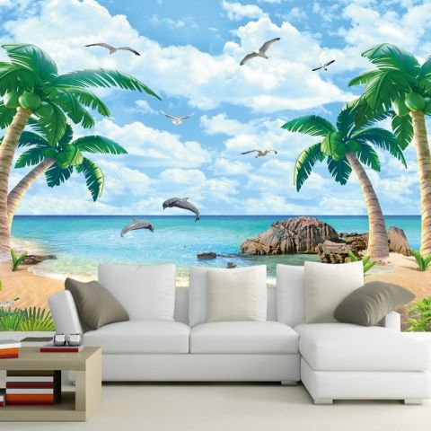 Sea Landscape and Palm Tree Wallpaper Mural