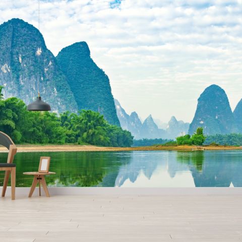 3D Look Green Lake Landscape with Mountains Wallpaper Mural