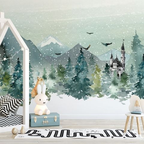 Watercolor Winter Landscape and Fox Wallpaper Mural