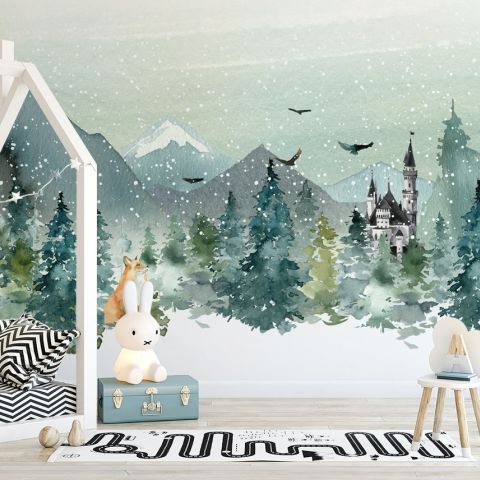 Watercolor Winter Landscape and Fox Wallpaper Mural