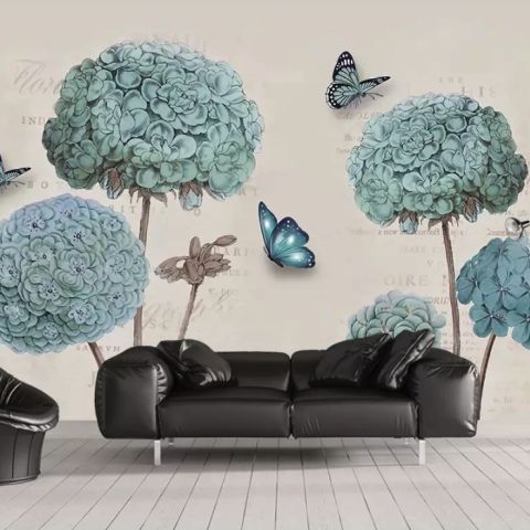 Light Blue Hydrangea Flowers and Butterflies Wallpaper Mural