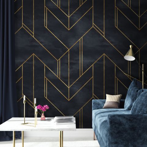 Art Deco with Gold Faux Lines Geometric Art Deco Wallpaper Mural