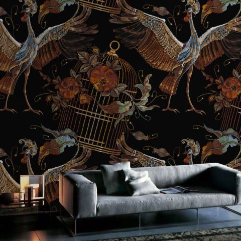 Crane Birds and Flowers with Golden Cage Wallpaper Mural