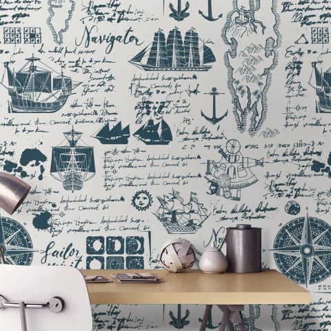 Inked Traveler Map Wallpaper Mural for Children