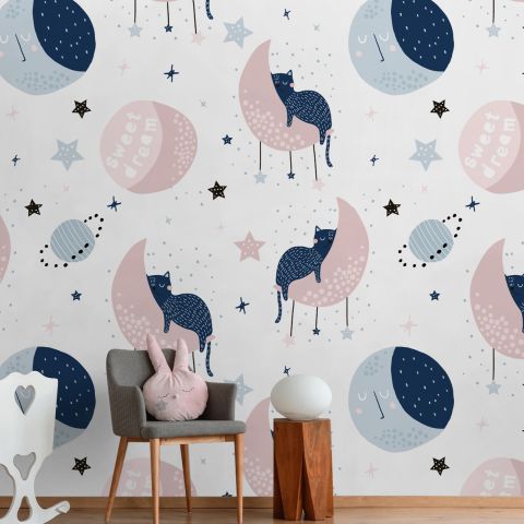 Cute Sleeping Cat on the Moon Wallpaper Mural