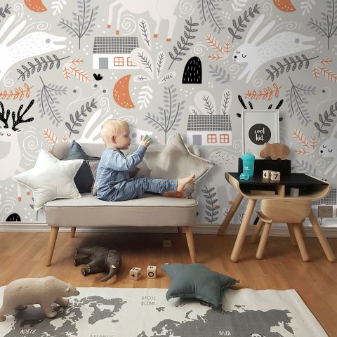 White Rabbit and Leaf Twigs Wallpaper Mural