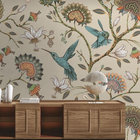Vintage Flower with Hummingbird Wallpaper Mural