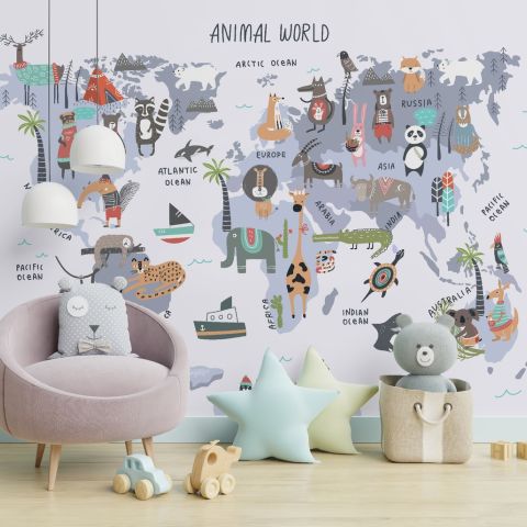 World Map with Cartoon Animals  Kids Wallpaper Mural