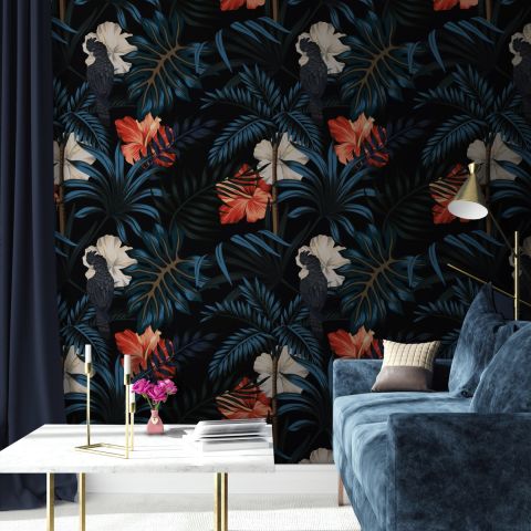 Exotic Leaves with Birds Wallpaper Mural
