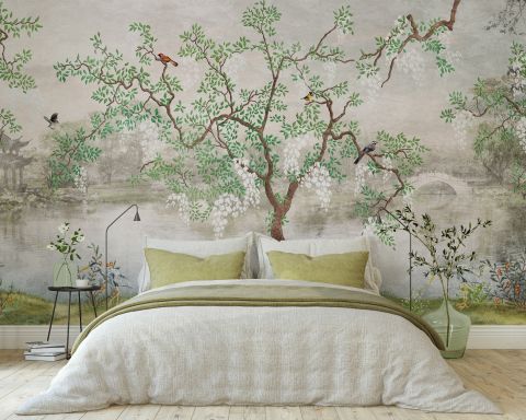 Misty Lake Landscape and Japanese Garden Wallpaper Mural