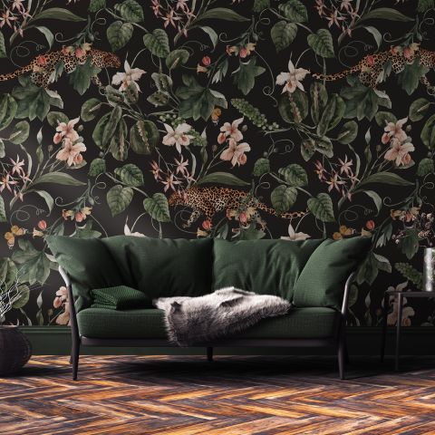 Watercolor Dark Tropical Art with Leopard Wallpaper Mural