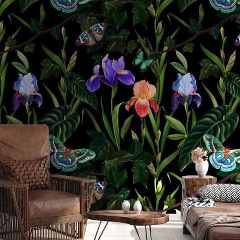 Dark Purple Flowers with Butterflies Wallpaper Mural