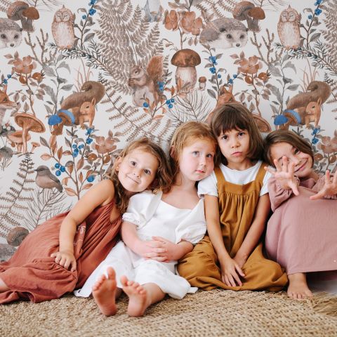 Watercolor Cute Kids Forest Animals in Forest Wallpaper Mural