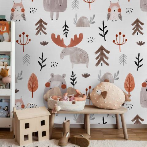 Cute Cartoon Animals with Twigs Wallpaper Mural
