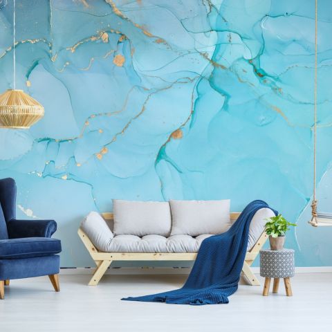 Light Blue Marble with Gold Look Splash Wallpaper Mural
