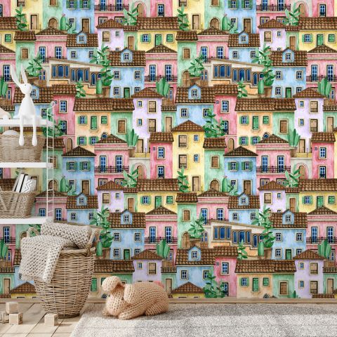 Kids Watercolor Medieval House with Plants Wallpaper Mural