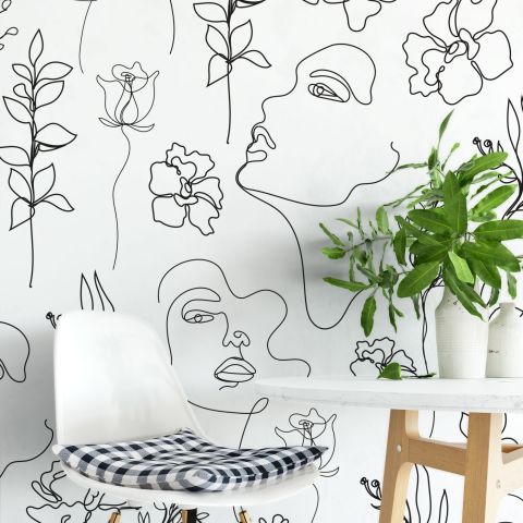 Soft Woman Face with Floral Drawing Line Art Wallpaper Mural