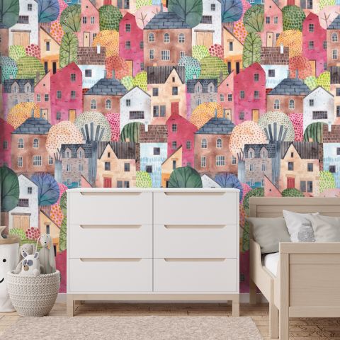 Kids Watercolor Cute Town House Wallpaper Mural