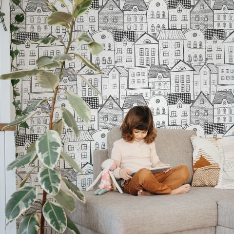 Kids Black and White Sketch House Wallpaper Mural