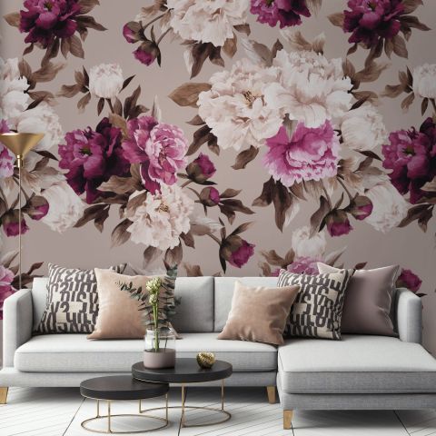 Cream Pink Peony Floral Pattern Wallpaper Mural