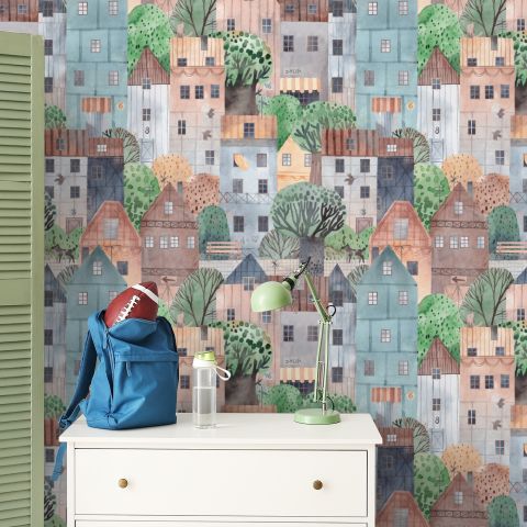 Kids Small Town Cute Watercolor House Wallpaper Mural
