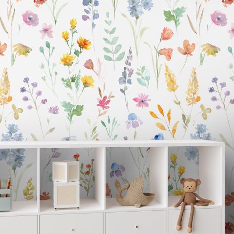 Watercolor Colorful Botanical Wild Flower Wallpaper Mural