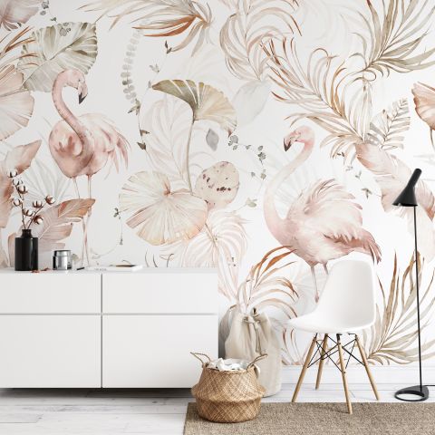 Soft Flamingo Art with Boho Tropical Leaf Wallpaper Mural
