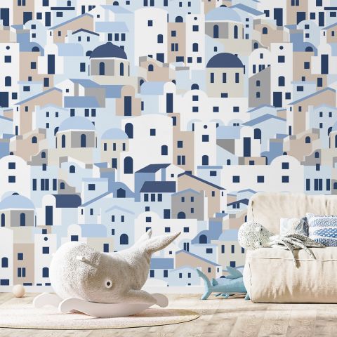 Cartoon Old Blue Greek House Wallpaper Mural