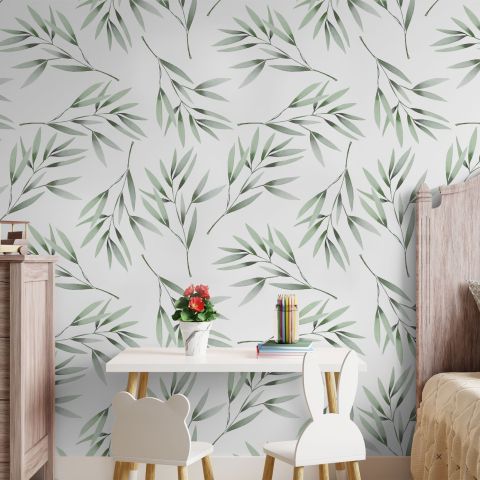 Watercolor Green Olive Leaves Pattern Wallpaper Mural