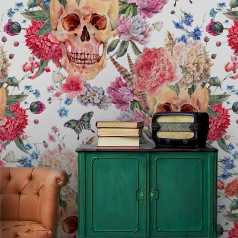 Skull with Flowers Wallpaper Mural