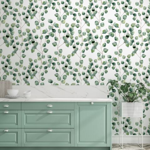 Watercolor Eucalyptus Leaf Pattern Wallpaper Mural