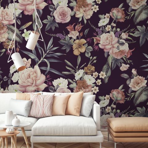 Vintage Dark Floral Bouquet Wallpaper Mural