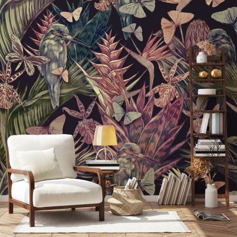 Tropical Birds on Branch with Butterflies Wallpaper Mural