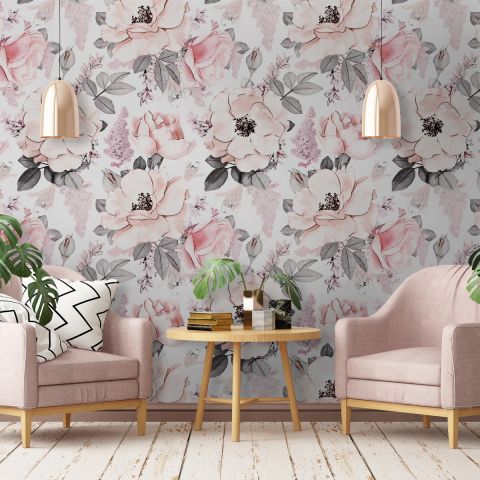 Kids Nursery Floral Pink Rose Pattern Wallpaper Mural