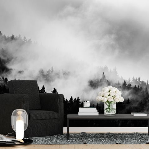 Misty Mountain Landscape with Moon Wallpaper Mural