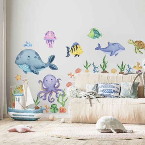 Kids Nursery Undersea Wall Decals Cute Whale with Sea Animals Wall Sticker