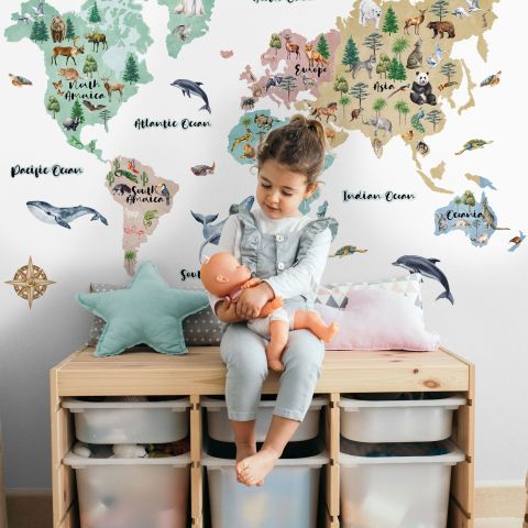 Kids Watercolor World Map Wall Decal Sticker