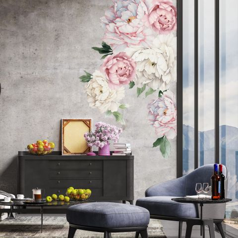 Blue Pink Peony Floral Bouqet Wall Decal Sticker
