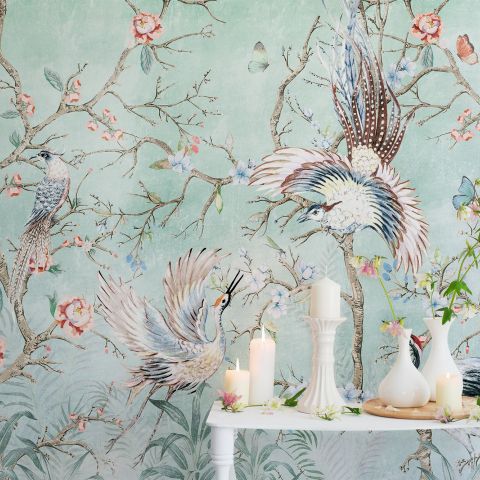 Chinoiserie Peony Blossom with Chinese Birds Wallpaper Mural