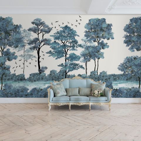 Monochrome Watercolor Big Trees Wallpaper Mural