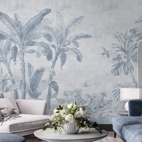 Monochrome Antique Jungle Landscape Wallpaper Mural